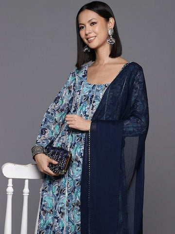 Varanga Women Blue Floral Printed Anarkali Kurta Paired With Dupatta